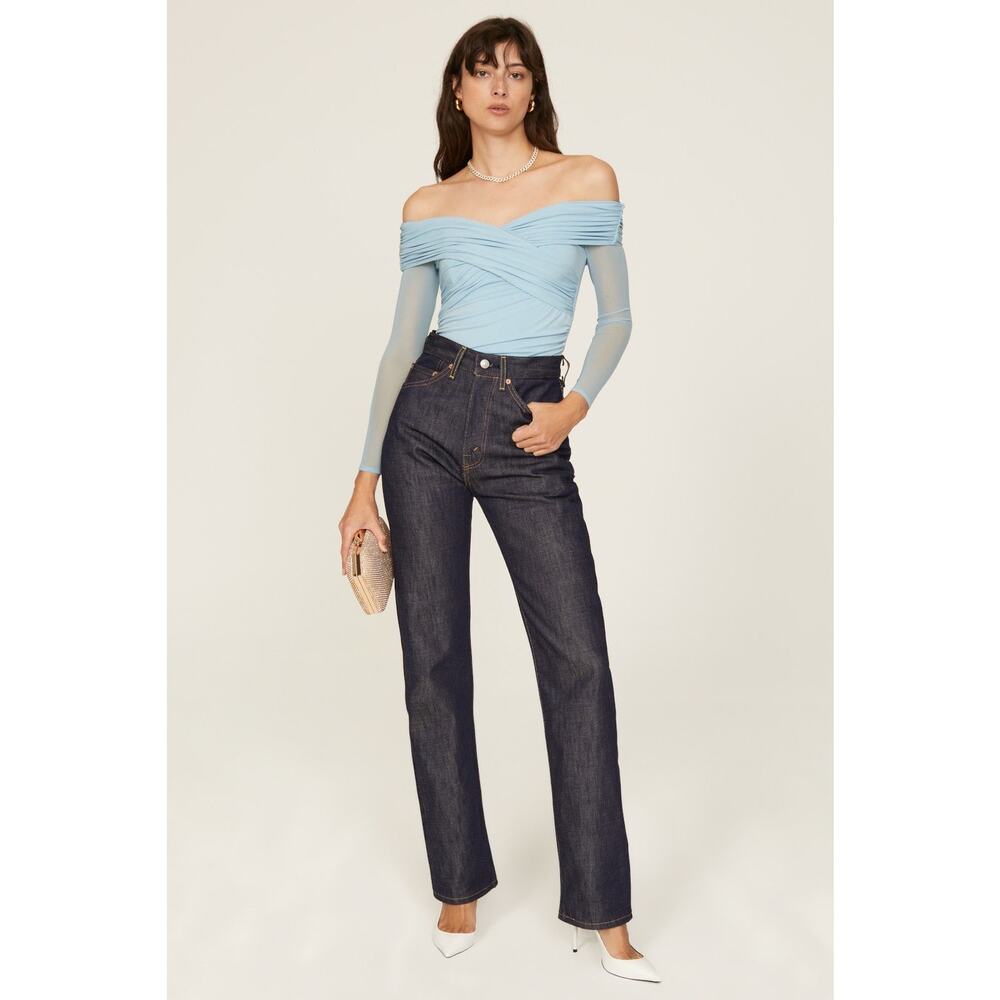 Self-Portrait Pale Blue Jersey Mesh Crossover Off the Shoulder Long Sleeve Top 0